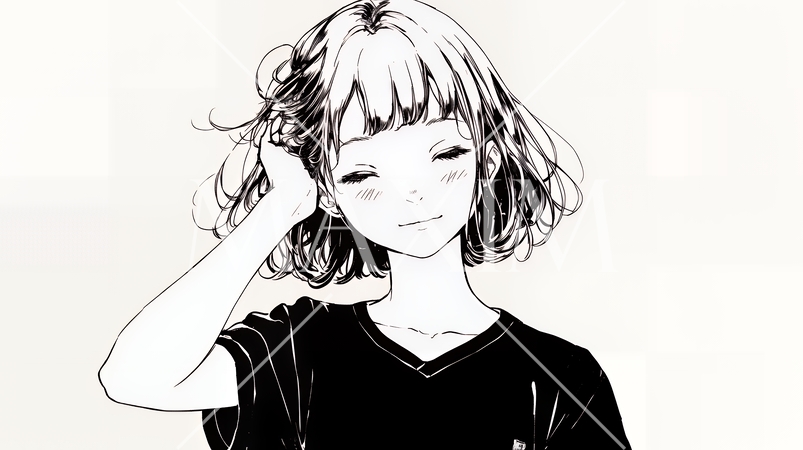 気恥ずかしそうに頭をかき、ごまかすような仕草を見せる若い女性（シンプルな色使い）