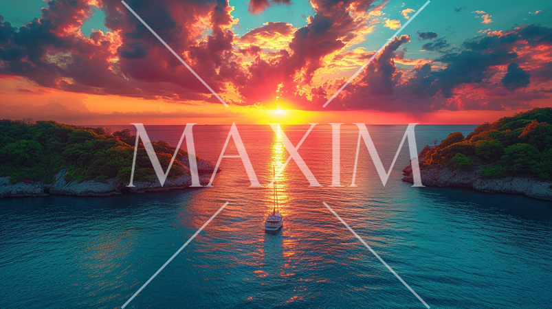 南洋の孤島とヨットと夕日：精緻CG