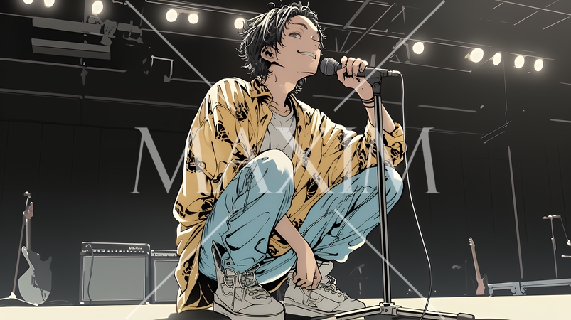 ステージでマイクを握り、情熱的に歌い上げる男性