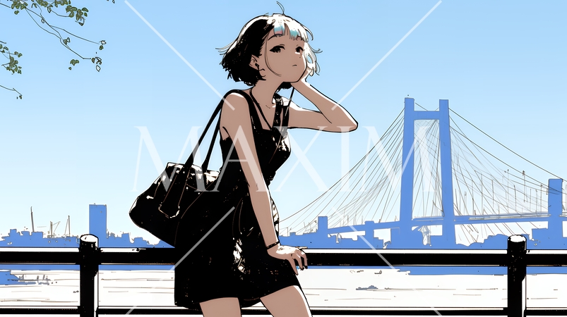 若い女性が佇む都市の街角（シンプルな色使い）