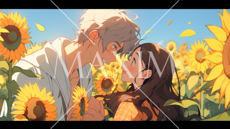 ひまわり畑の中で見つめ合う若い男女の恋人達