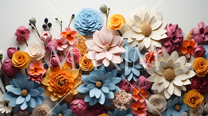 画面いっぱいに色形の違う花のアクセサリーデザインがある：精緻CG