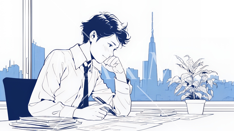 綿密なビジネス戦略を練っている男性（シンプルな色使い）