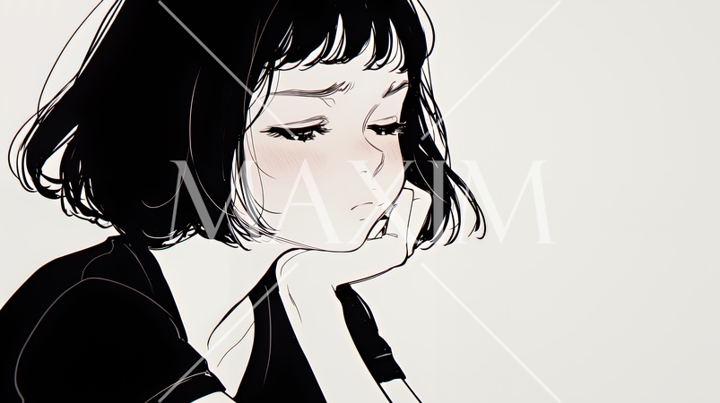 ため息をつく若い女性（シンプルな色使い）