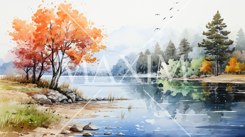 木々の紅葉が水面に映る美しい水辺の風景：水彩画
