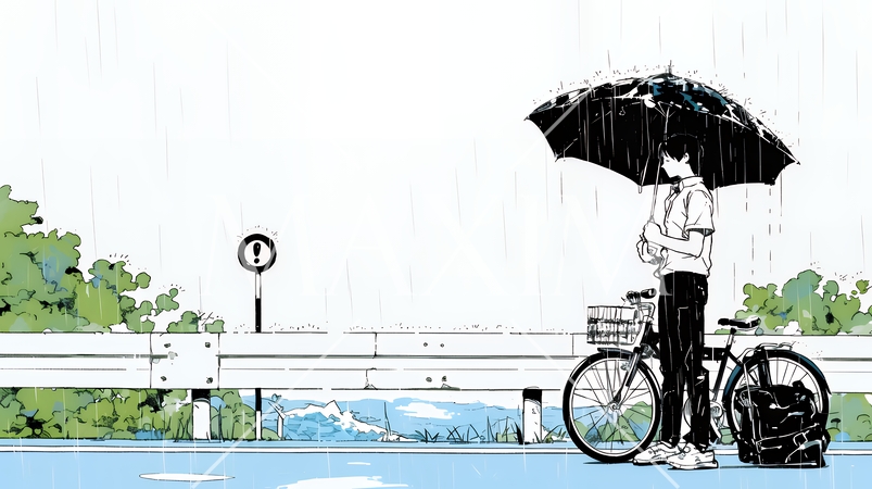 雨の中で自転車で空を見上げる男性（シンプルな色使い）