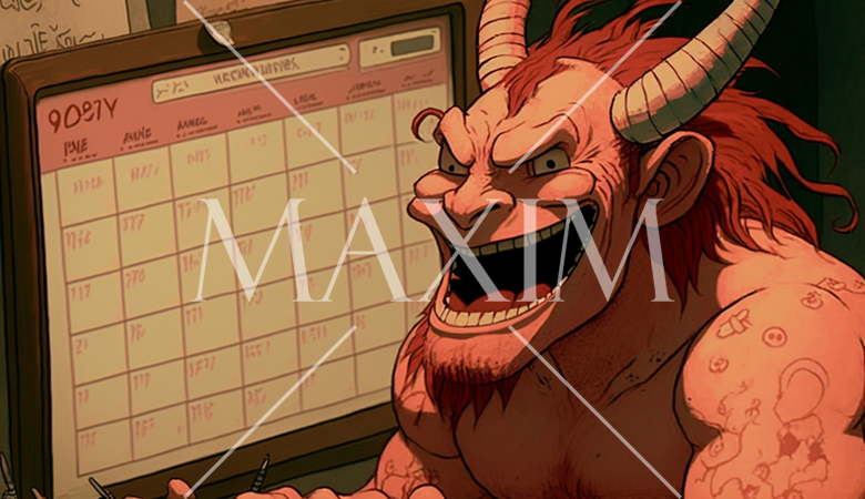 来年のことを言えば鬼が笑う：鬼がPCのカレンダー予定を見て、大笑いしている。