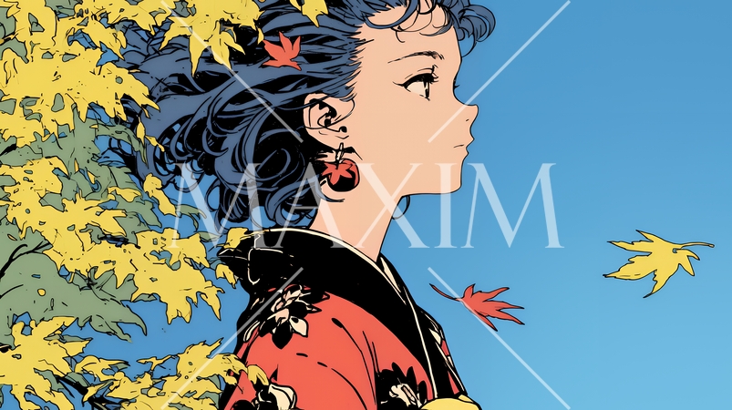 紅葉に包まれた中、着物を纏った若い女性が佇んでいる