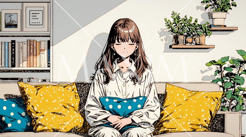 ソファでクッションを抱えてくつろぐ若い女性