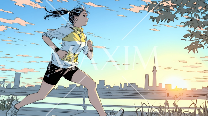 夕方の街並みを背景にジョギングをする若い女性