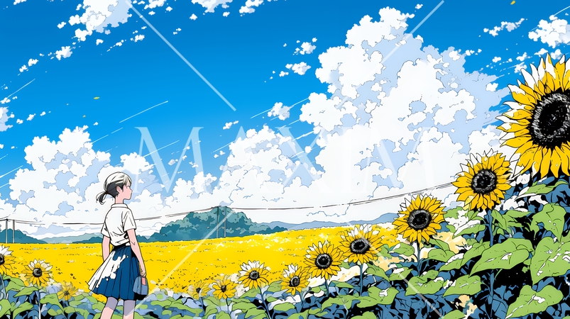 真夏の青空のもと、ヒマワリ畑を散策している若い女性