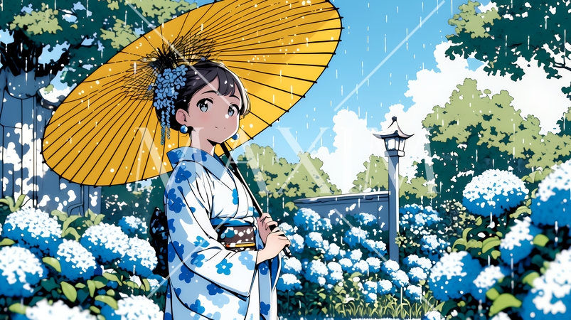 あじさいの小径を和服で歩く若い女性