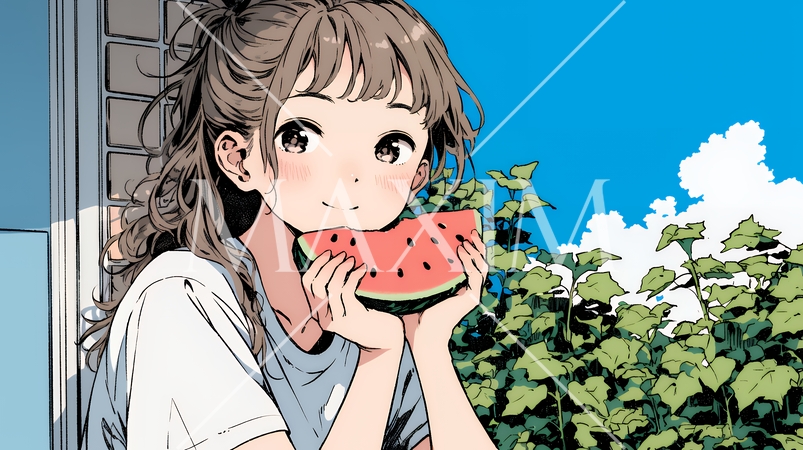 スイカを縁側で食べている若い女性