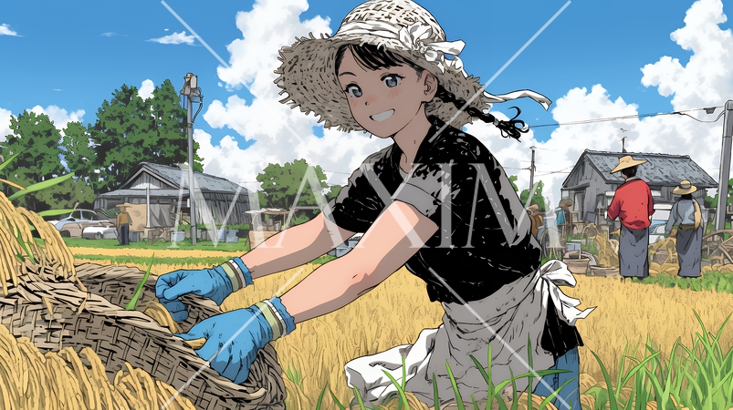 田んぼで農作業をしている女性