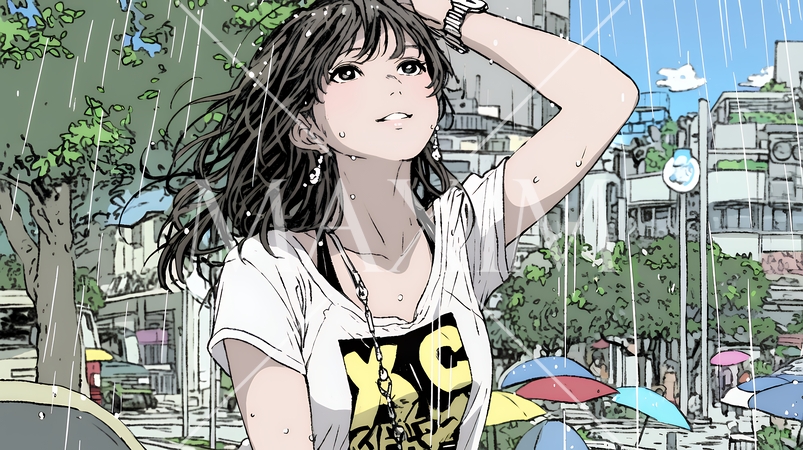 夏の急な雨でびしょ濡れの若い女性