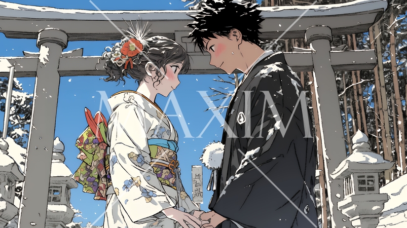 初詣をしている若い恋人カップル