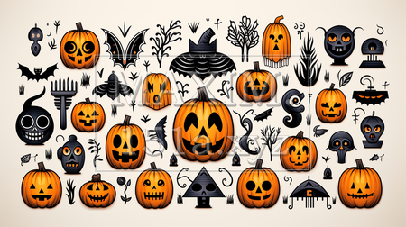 ハロウィンの手書き風アイコンのリファレンスシート（イラストID:9915332-19085）