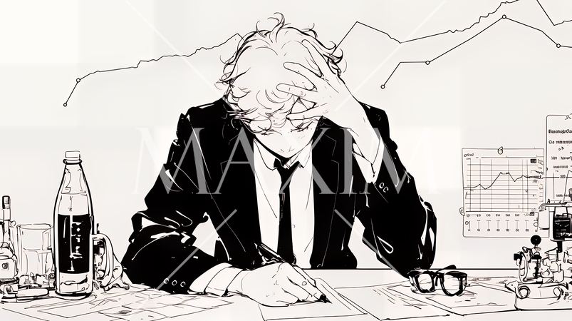 金融市場の急激な変動で頭を抱えている男性（シンプルな色使い）