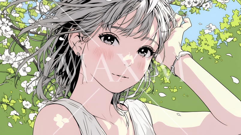 満開の桜の下、春風に乱れた髪を整える若い女性