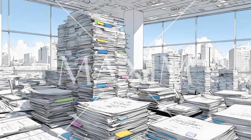 机の上に書類が山のように積まれている：書類整理ができていない状態