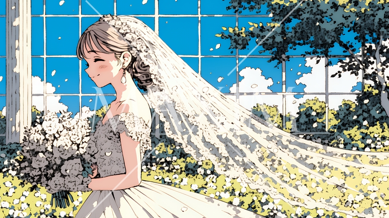 白いウェディングドレスを着ている花嫁：ジューンブライド