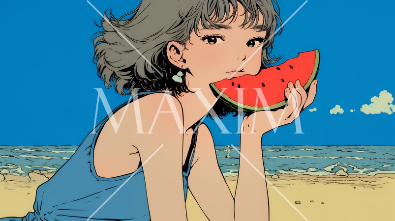 スイカを海辺て食べている若い女性