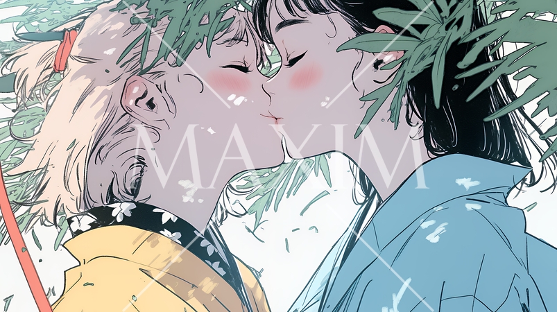 秋の紅葉の下でキスをしている若い恋人たち