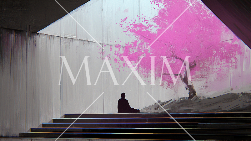 ビルの狭間に咲く桜で、一人花見をしている男性