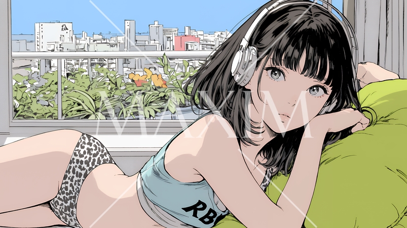 下着姿でくつろいでいる若い女性