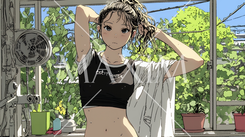 ヘアーシャワーの後の濡れ髪の若い女性