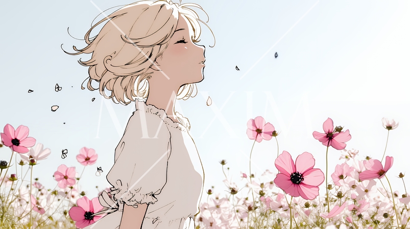 コスモス畑にいる若い女性（シンプルな色使い）