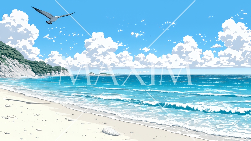 夏の海と空と白い浜辺