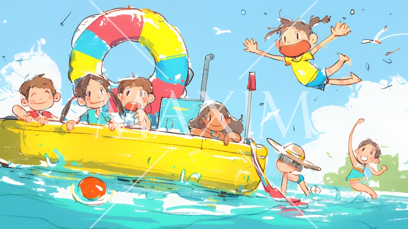 小学生の夏の思い出：海水浴（クレヨン＋水彩画風）