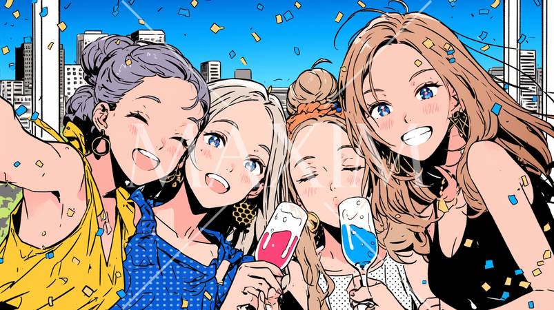 女子会：気の合う女友達が集まり、酒を交わし、おいしい食事をしながら、仕事の話や恋バナをしている