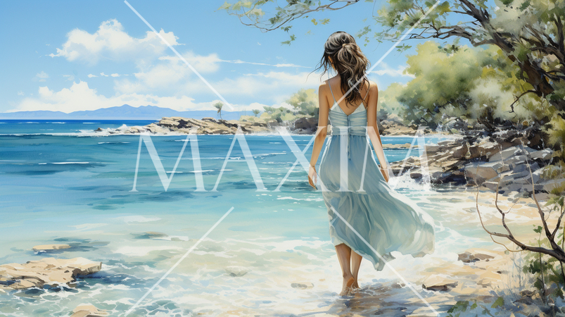 南国の青い空の下、美しい浜辺を歩く若い女性：水彩画