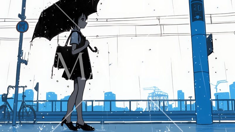 雨の中を歩く女性（シンプルな色使い）