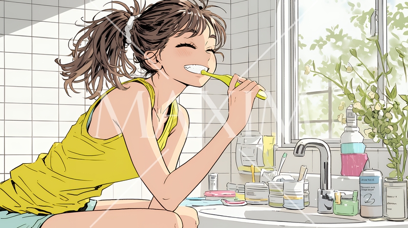 洗面所で朝の歯磨きをする若い女性