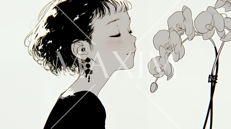 蘭の花と若い女性（シンプルな色使い）