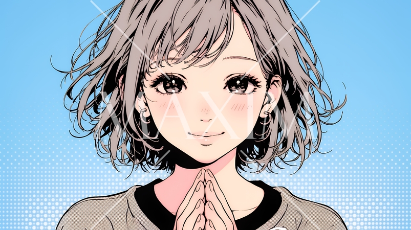 にっこり笑って手を合わせて「お願い」と甘える若い女性