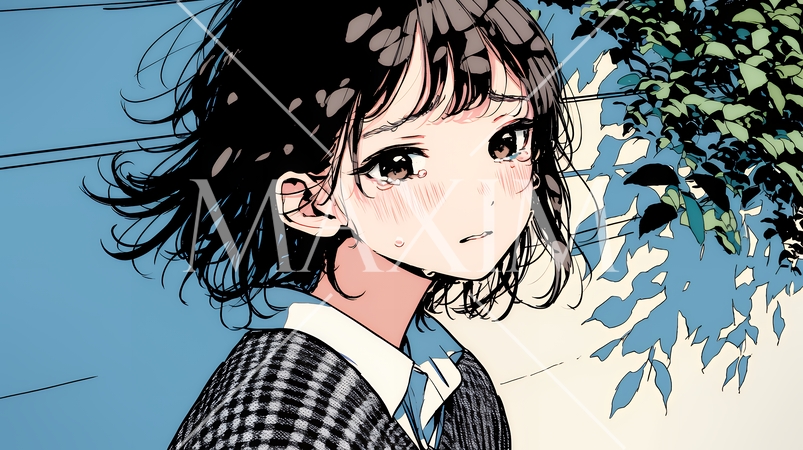 涙ぐむ制服姿の女子高生