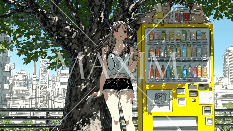 自動販売機で飲み物を購入する若い女性｜日常・ライフスタイル・屋外シーン