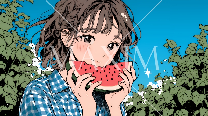 スイカを縁側で食べている若い女性