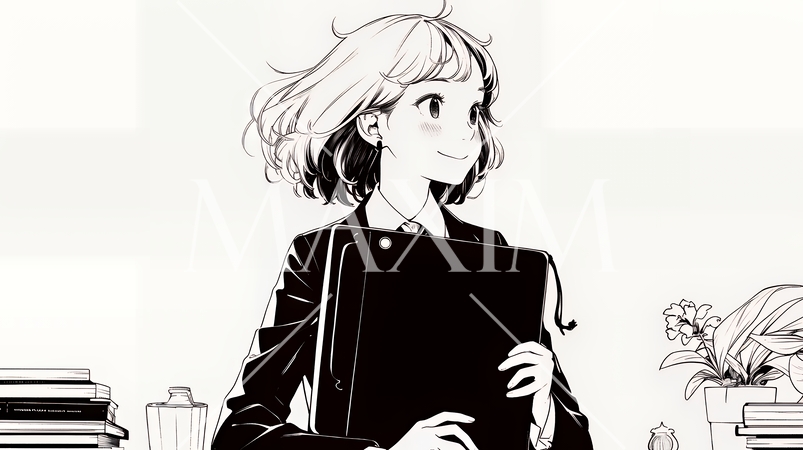 書類を確認するビジネスウーマン（シンプルな色使い）