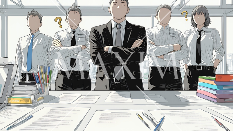 数人のビジネスパーソンが腕組みをして疑問を抱いた顔をしている