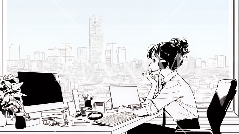 職場のデスクでパソコンに向かって仕事をしているビジネスウーマン（シンプルな色使い）