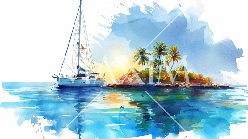 南洋の孤島とヨットと夕日：水彩画
