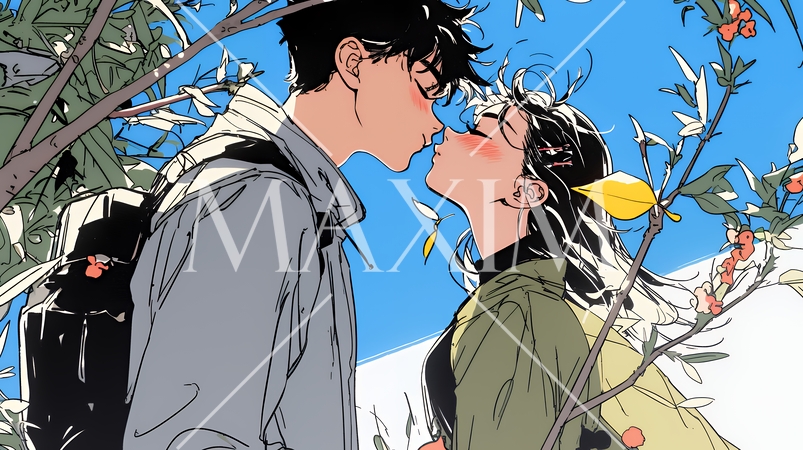 秋の紅葉の下でキスをしている若い恋人たち