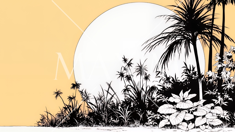南の国の日没と熱帯植物のシルエット