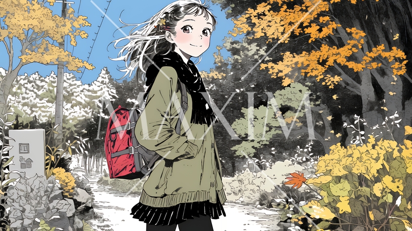 紅葉の小径を歩く若い女性