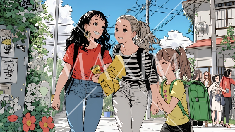 道端で会話を楽しむ若い主婦たち（ママ友たち）